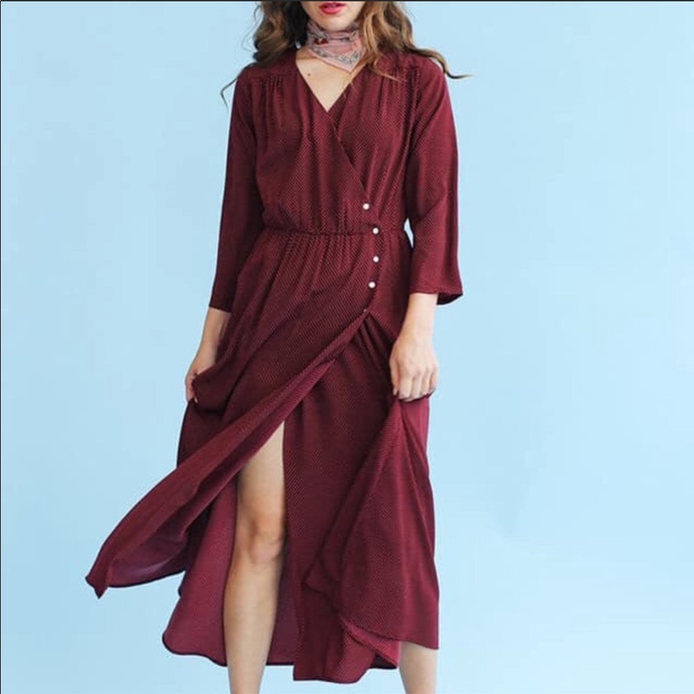 Sonnet James Adaline button wrap dress maroon dot